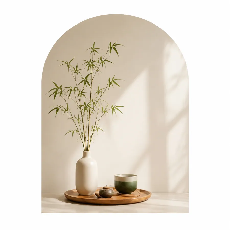 Minimal bamboo arrangement in an ivory vase with tea cup and natural stones