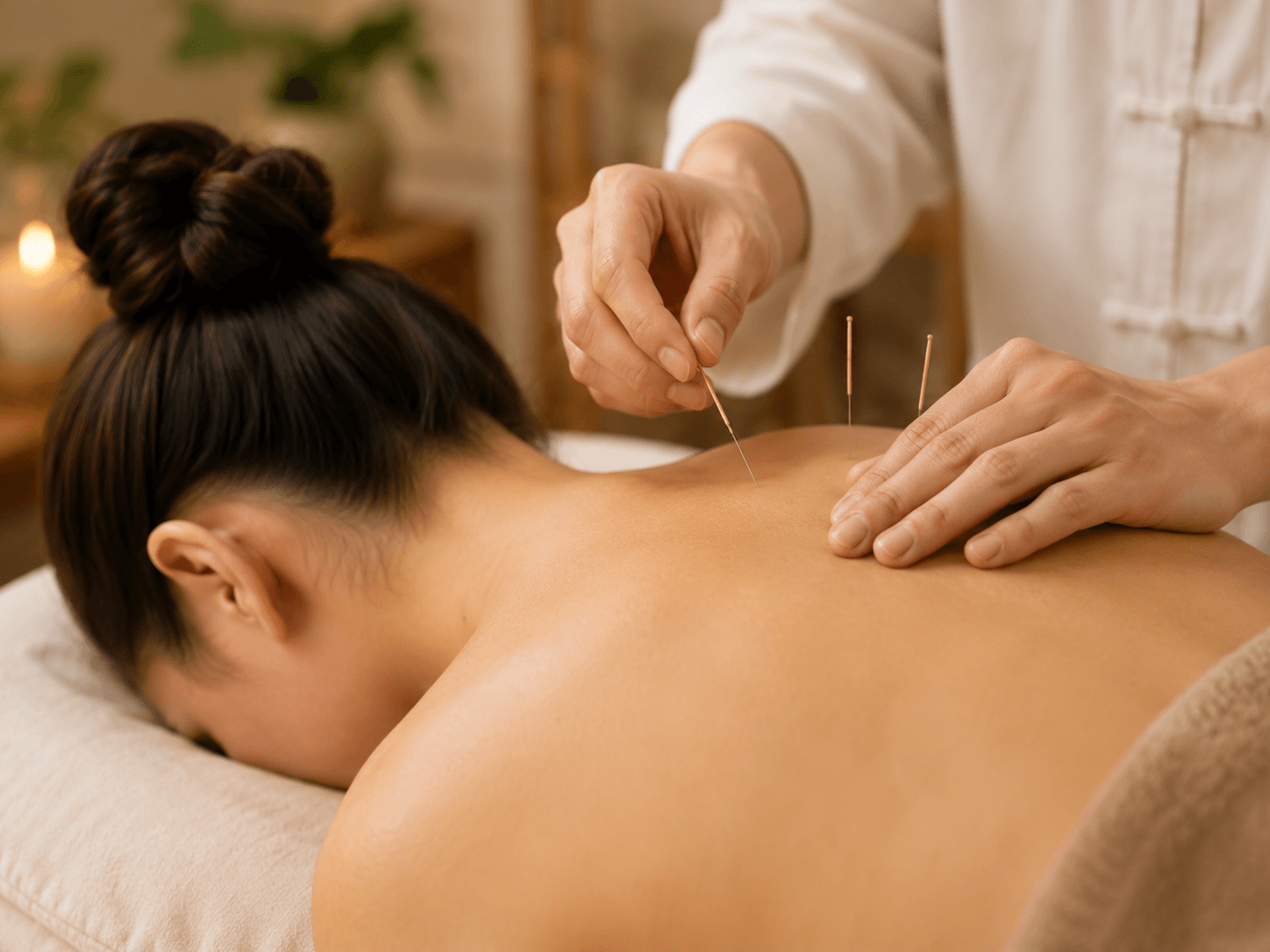 Acupuncture treatment with fine needles placed along a patient's back