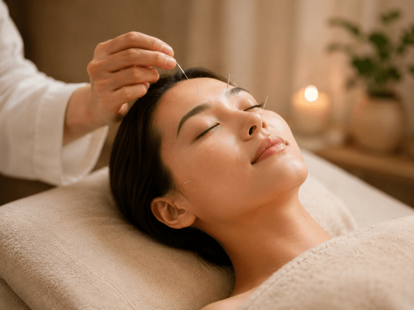 Relaxing facial acupuncture treatment in a calm clinic setting