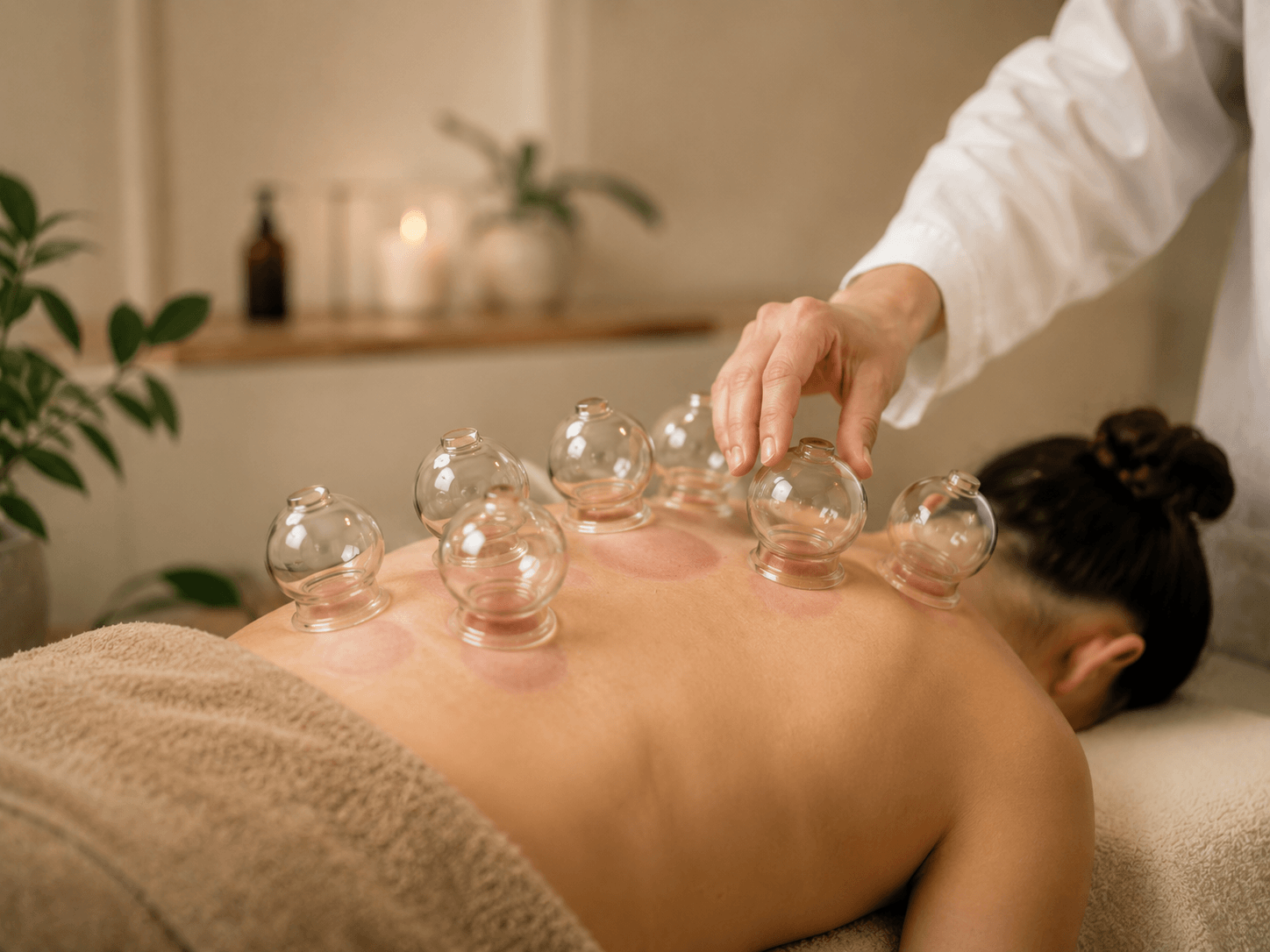 Glass cups used during a therapeutic cupping treatment