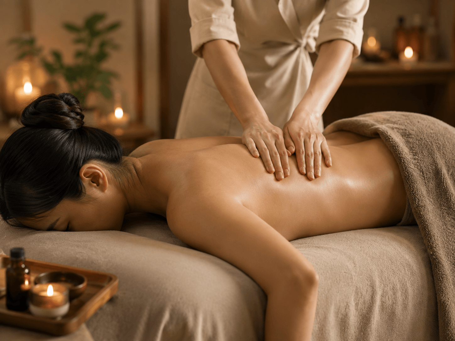 Massage therapist providing a back massage treatment