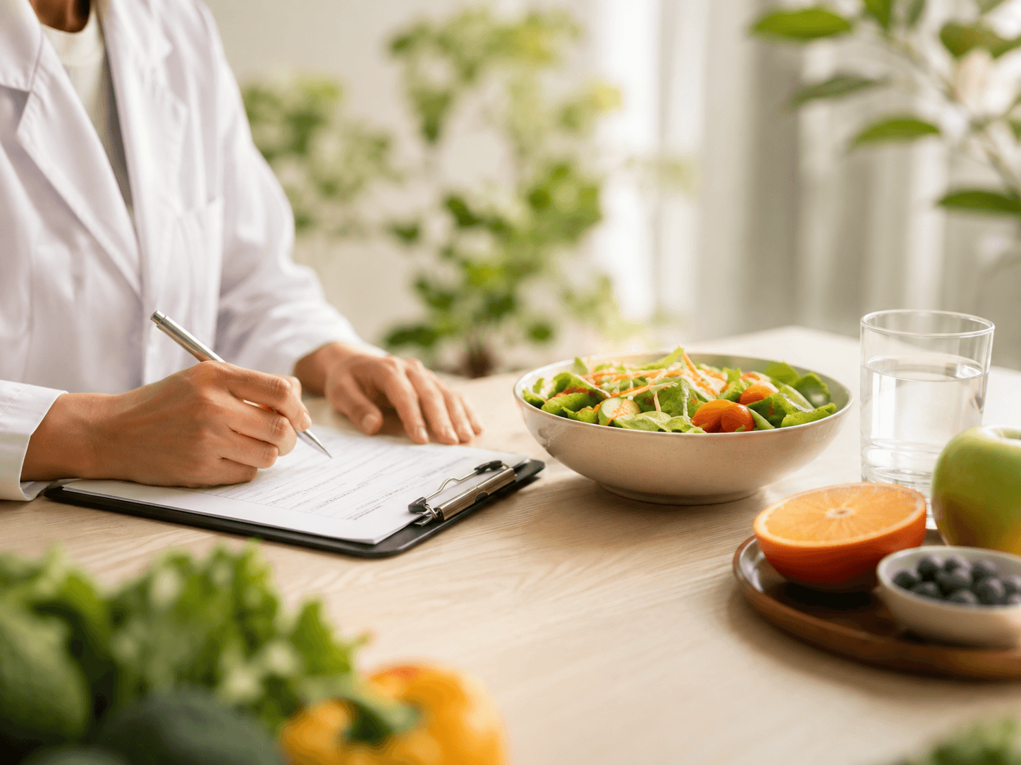 Dietitian creating a personalized nutrition plan with fresh foods